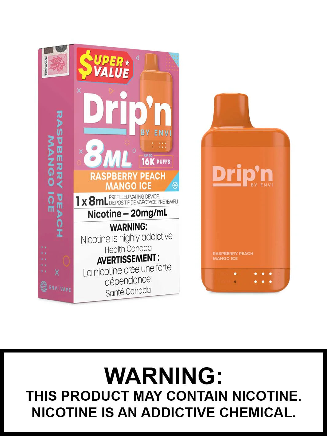Dripn Envi 16000 raspberry peach mango ice (Provincial tax)